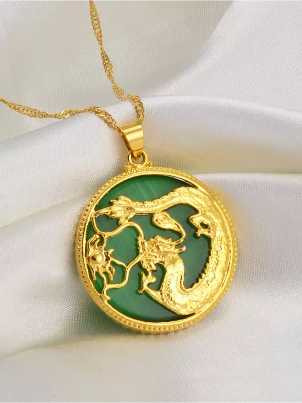 Gold Dragon Green Pendant Necklace 18inch  - Women Jewelry
